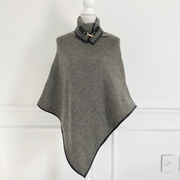 DSW Sweaters - Black and Beige Leather Trim Buckle Neck Poncho